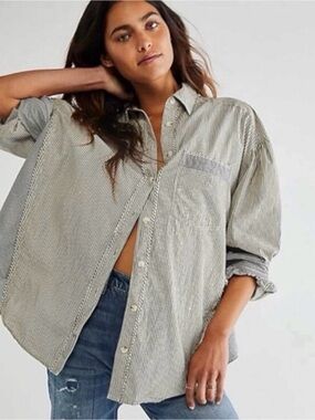 HAPPY HOUR OVERSIZED We The Free Black and White Striped Button-Down Shirt